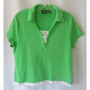 MOUNTAIN LAKE Short Sleeve Top Lace Insert Size L Faux Layer Buttons Kelly Green